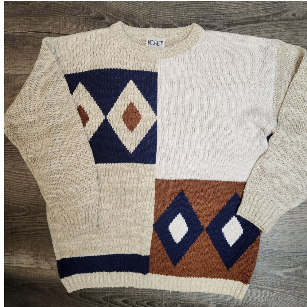 Koret Sweater Unisex Medium Beige Silk Blend Geometric Vintage Crewneck
